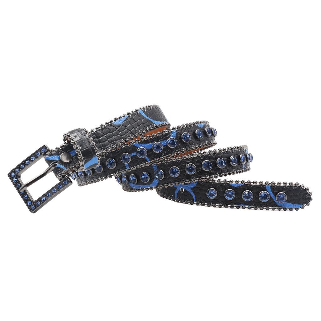 High-end Women's Patterned 2.3 Leather Belt with Pin Buckle and Rhinestones – European & American Punk Style.