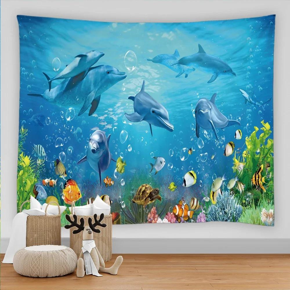 Marine Animal Home Decorative Fabric 3D Digital Printing Tapestry Psychedelic Undersea World Sea Fish Dolphin