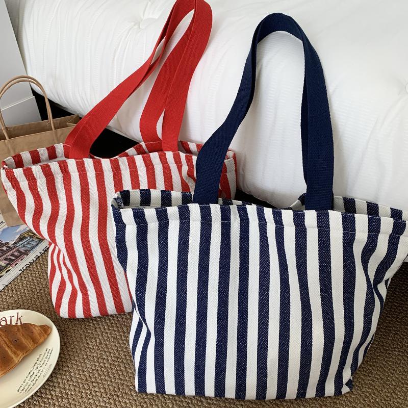 1Pcs Female Daily Shopping Bags Simple Striped Women'S Canvas Casual Shoulder Bags Fashion Large Capacity Ladies Tote Handbags