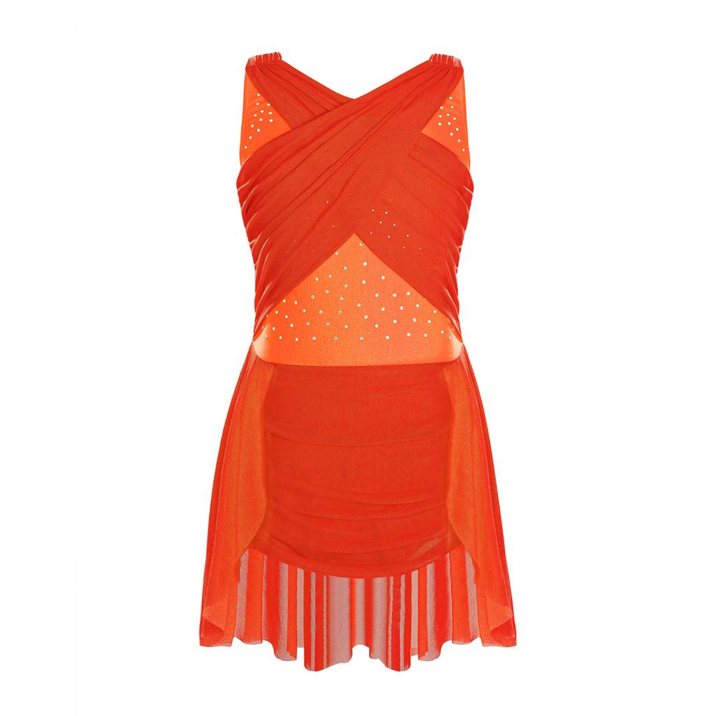 Girls Lyrical Dance Dress Cross Mesh Overlay Cutout Back Design Shiny Rhinestones Irregular Hem Figure Skating Gown
