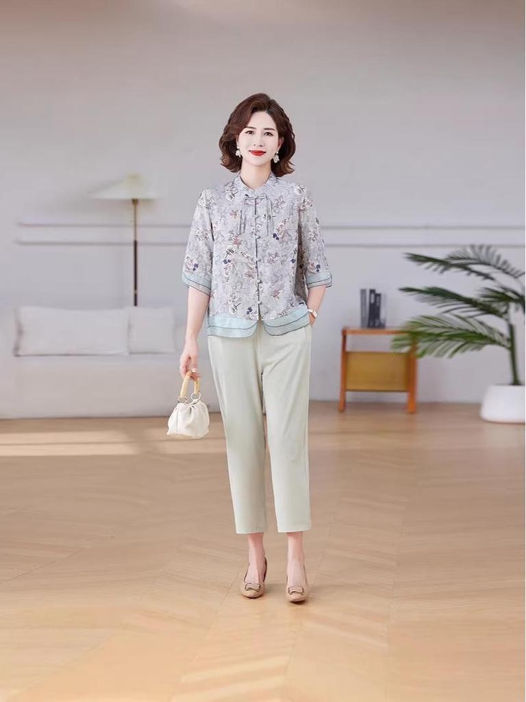 Muttertag Ethnische Stil Kurzarm Sommerbluse für Damen: Altersreduzierender Neuer Chinesischer Stil