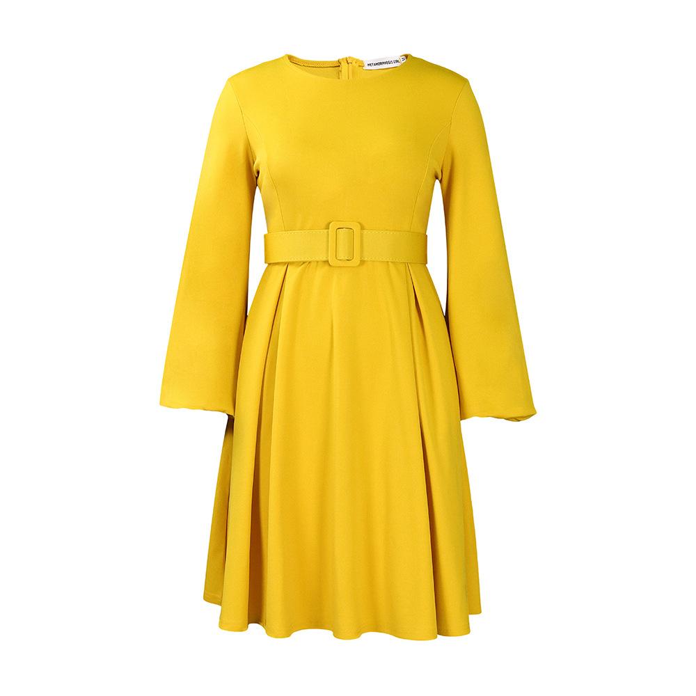 Plus Size Spring and Autumn Women's Dress Long Sleeve Elegant Temperament Round Neck Swing Dress with Belt