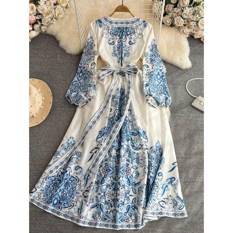 Spring and Autumn Bubble Long Sleeve Elegance Print Dress