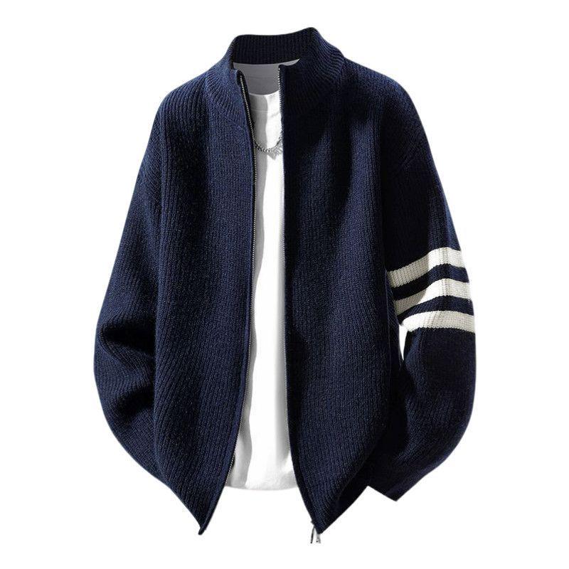 

Men s Striped Knit Stand Collar Sweater Cardigan Medium темно-синього кольору