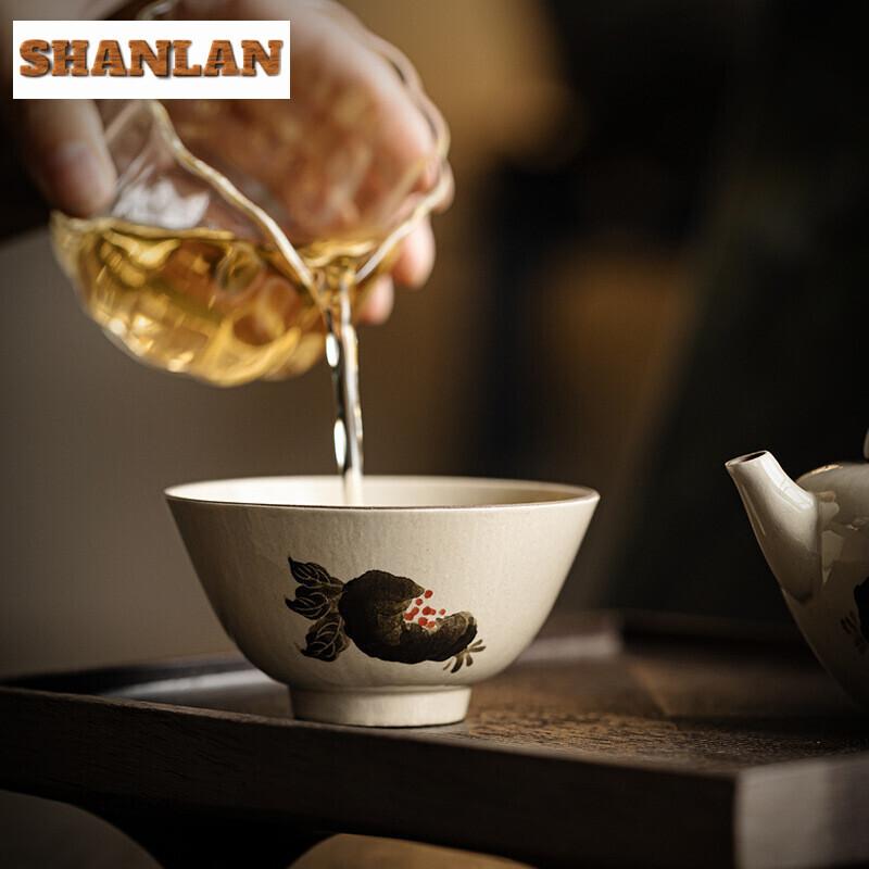 100ml Hand-painted Pomegranate Tea Cup Underglaze Color Master Single Cup Powder Yin Mug Coarse Tasting Tea Bowl Kung Fu Teaset