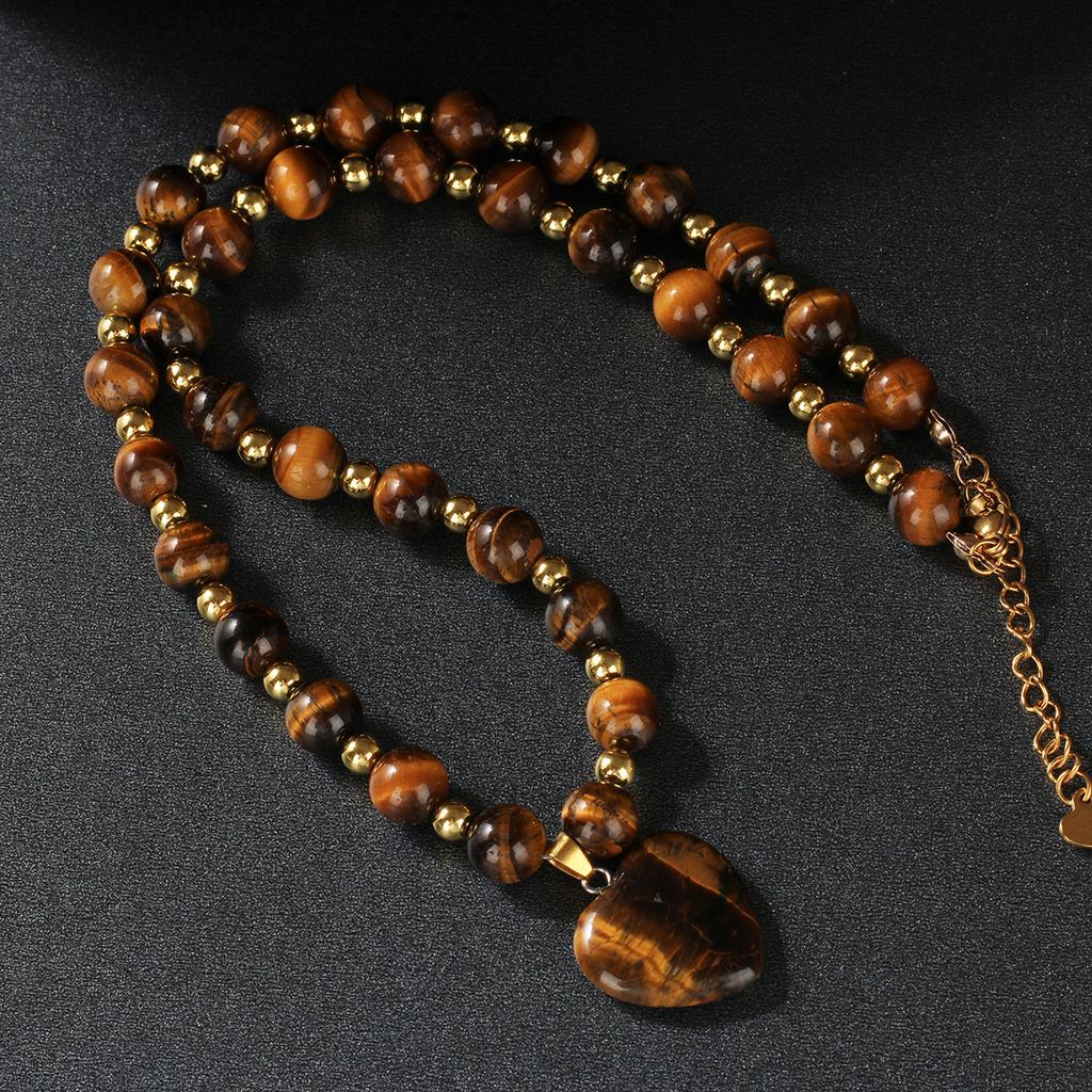 Natural Tiger Eye Beaded Heart Pendant Necklace Gold Spacer Bead Boho Vintage Jewelry for Women Daily Wear