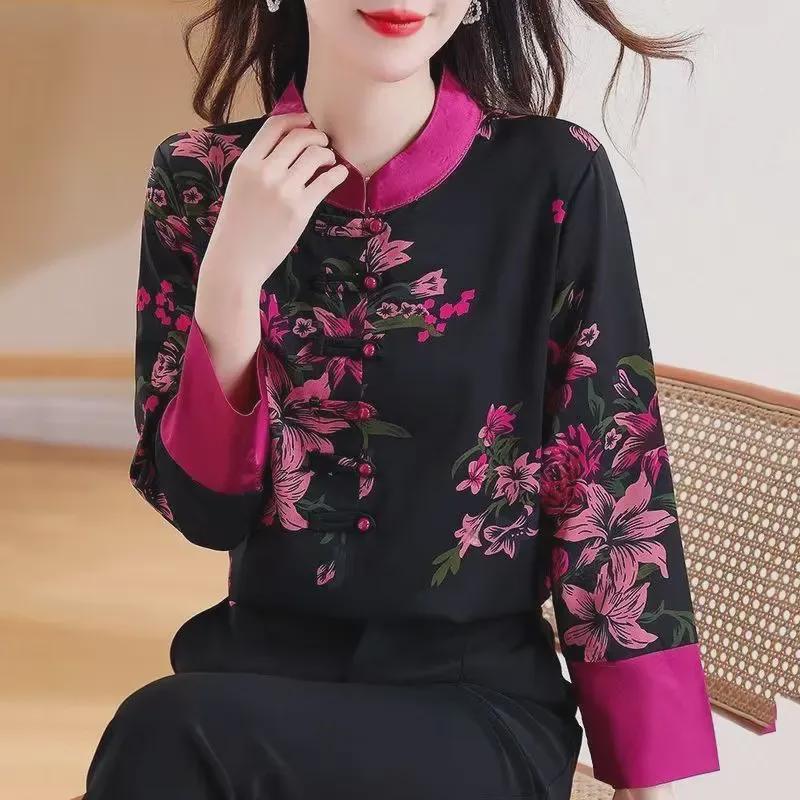 2024 Summer Women's Long-Sleeve Silk Shirt, Retro Chinese-Western Fusion Style