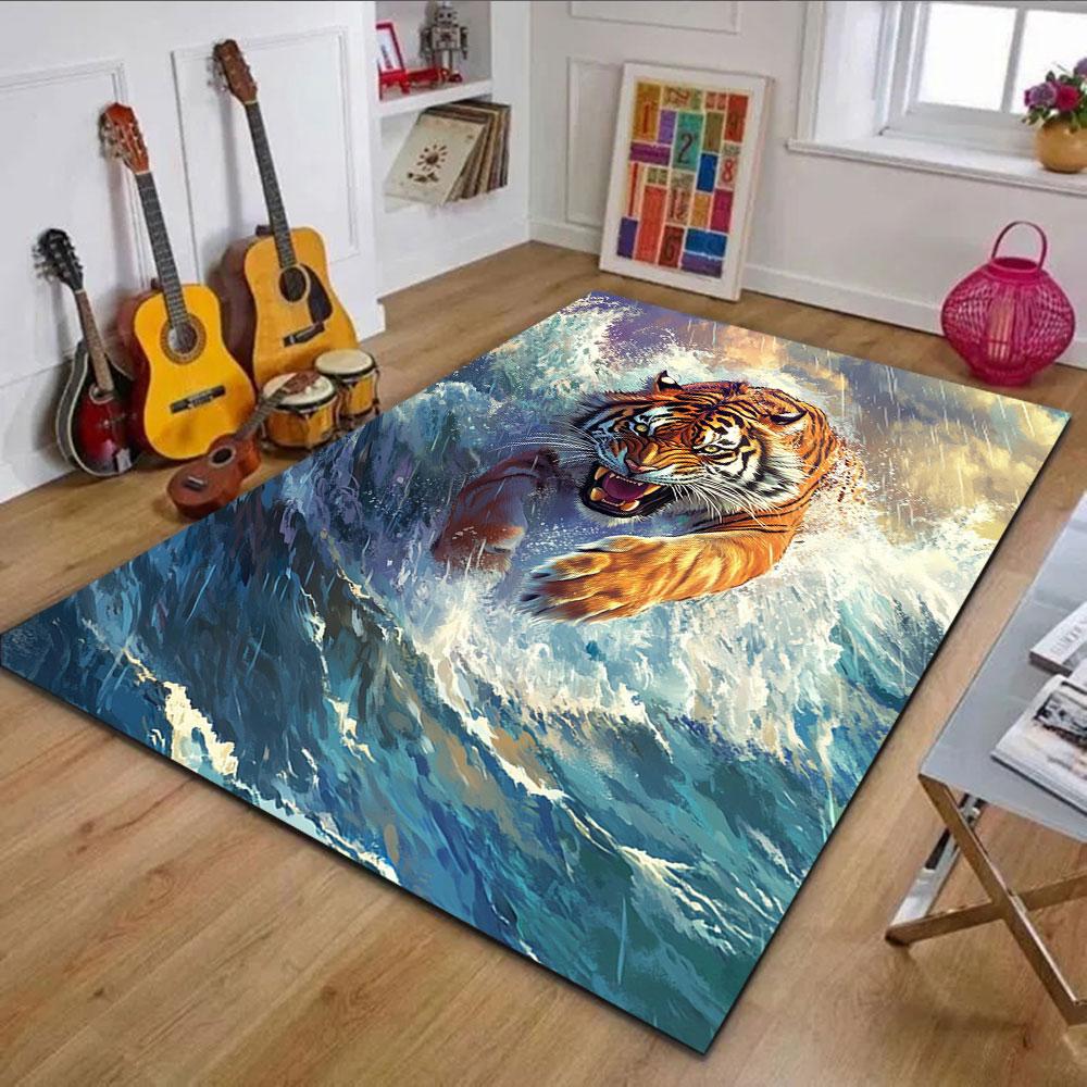 Tiger Charging Through Waves Patterned carpet, non slip mat suitable for living room and bedroom sofas