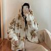 Women Hooded Plush Bear Print Cartoon Sweater Winter Warm Fleece Jacket