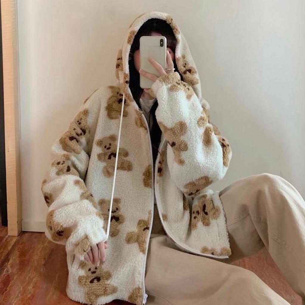 Women Hooded Plush Bear Print Cartoon Sweater Winter Warm Fleece Jacket
