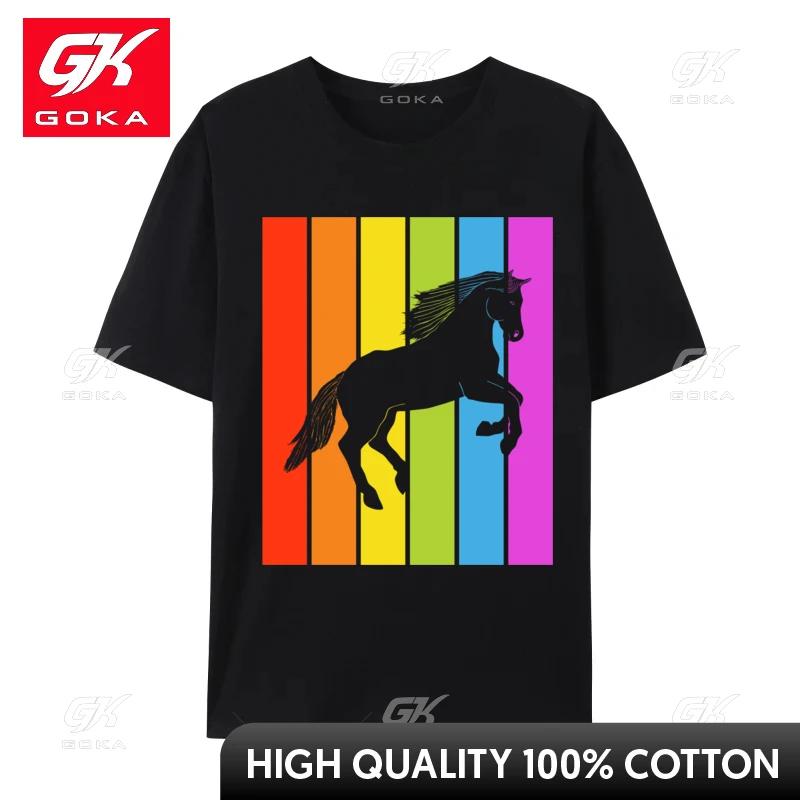 Cute Rainbow Horse Jumping Equestrian Image Casual Europe Tops Shirt Latest Cotton Tops Shirts Unisexs Unisex Tshirt Printed On