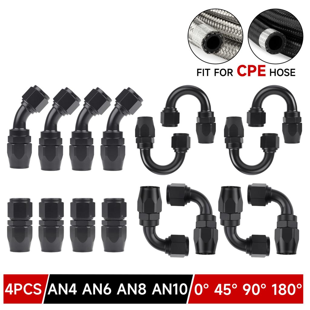 Black 4 PCS Hose End Fitting Swivel Adapter 0 45 90 180 Degree AN4 AN6 AN8 AN10 Aluminium Alloy Hose End Fitting Swivel Adapter