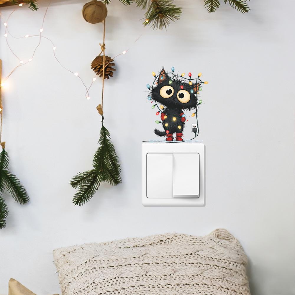 Black Cat with String Lights Switch Plate Sticker Creative Holiday Home Decor Removable Self-Adhesive Decal