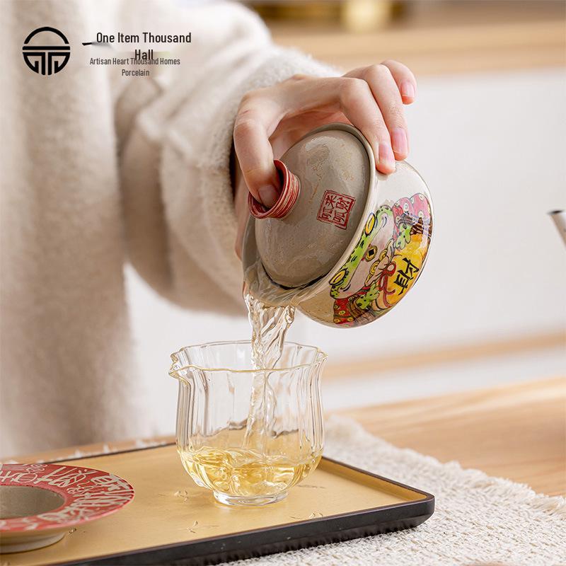 Three Talents Hand-Painted Gaiwan: Large Retro Chinese Tea Set for Home Brewing