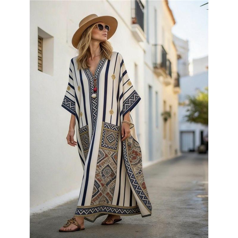 European, American Y Bohemian fashion women's clothing casual vacation D printed beach Kaftan cardigan long dress