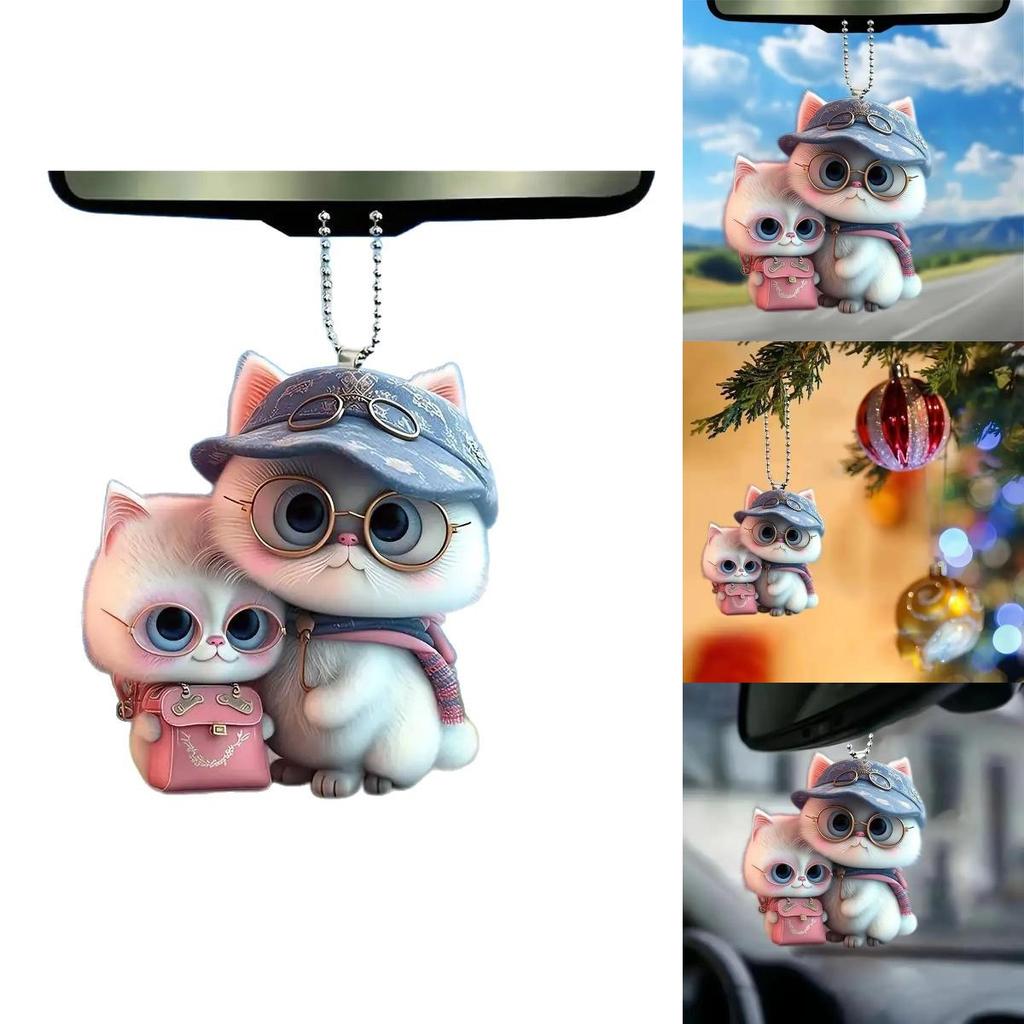 Acrylic Flat Surface Couple Cat Car Pendant With Hat Cute Decor For Auto Interior Enthusiasts