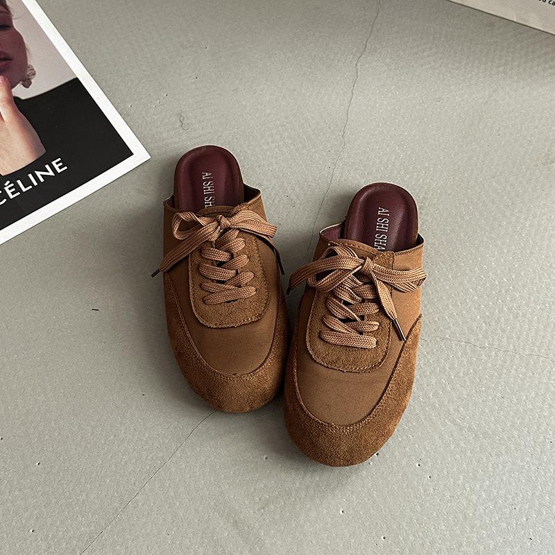 

Retro and versatile design sense casual color matching bag head slippers women s summer fashion outside wear one pedal flat bottom half slippers 39