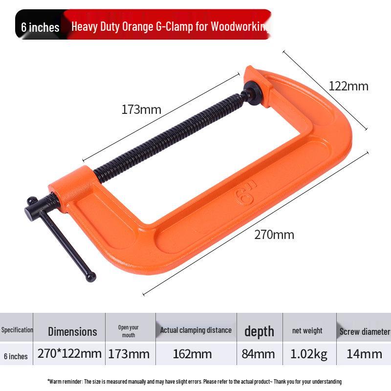 Heavy Duty Orange G-Clamp with Black Screw for Woodworking Jointing and Clamping