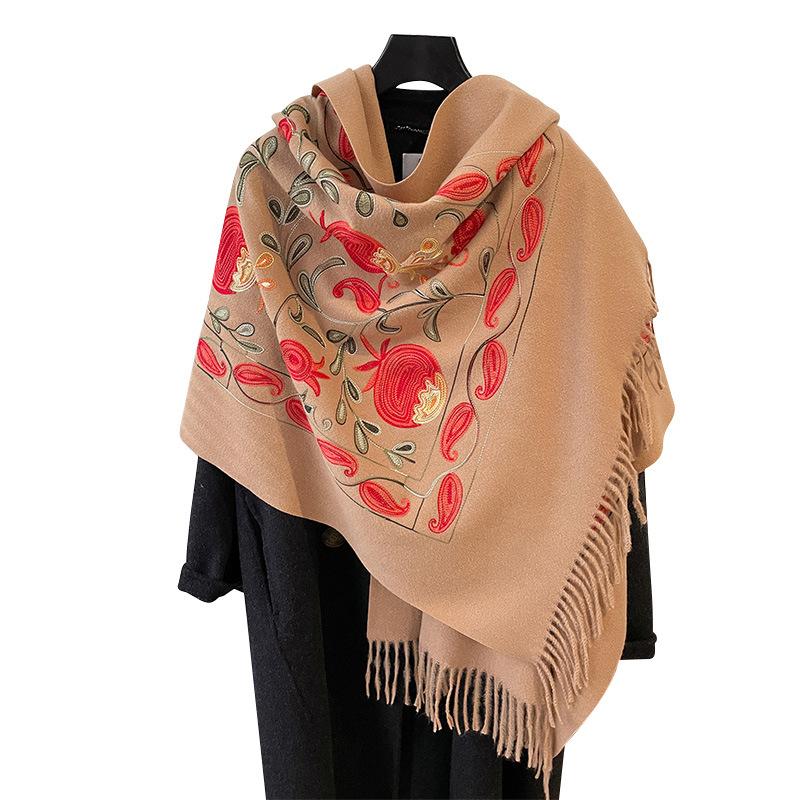 Autumn And Winter Contrasting Colors Pomegranate Leaves Embroidered Double-Sided Warm Scarf Women'S Ethnic Style Travel Shawl