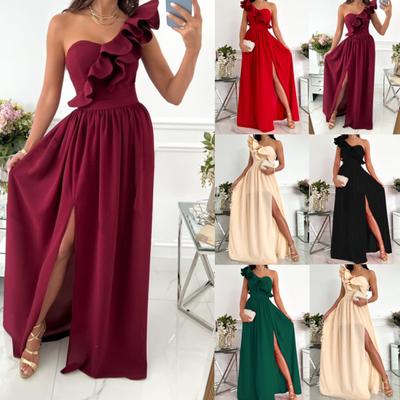 Sleeveless Side Split Flowy Hem Elegant Dress Sexy Skew Collar Ruffle Decor Maxi