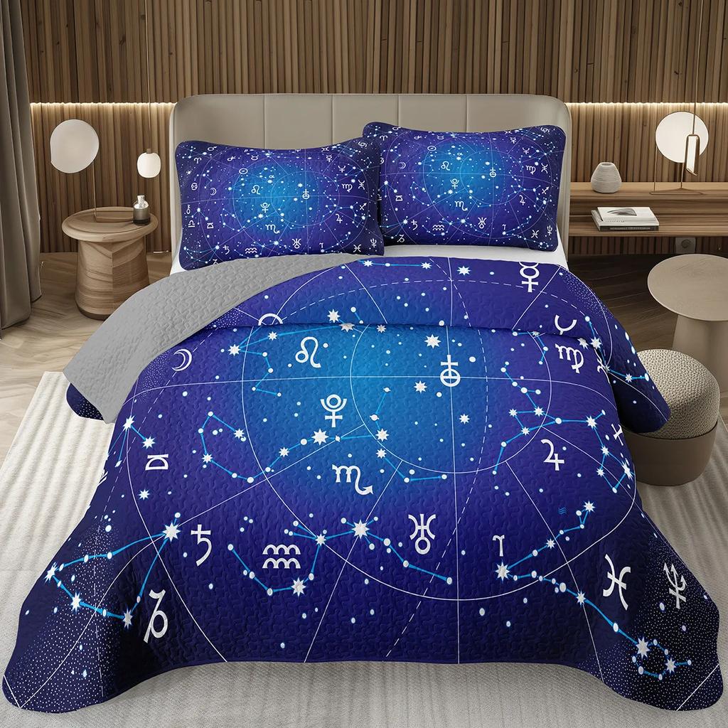 Starry Sky Galaxy Quilt Set 2/3 Pieces, Geometric Lines Bedspread Set,12 Constellations Astrology Zodiac Coverlet Set Twin King