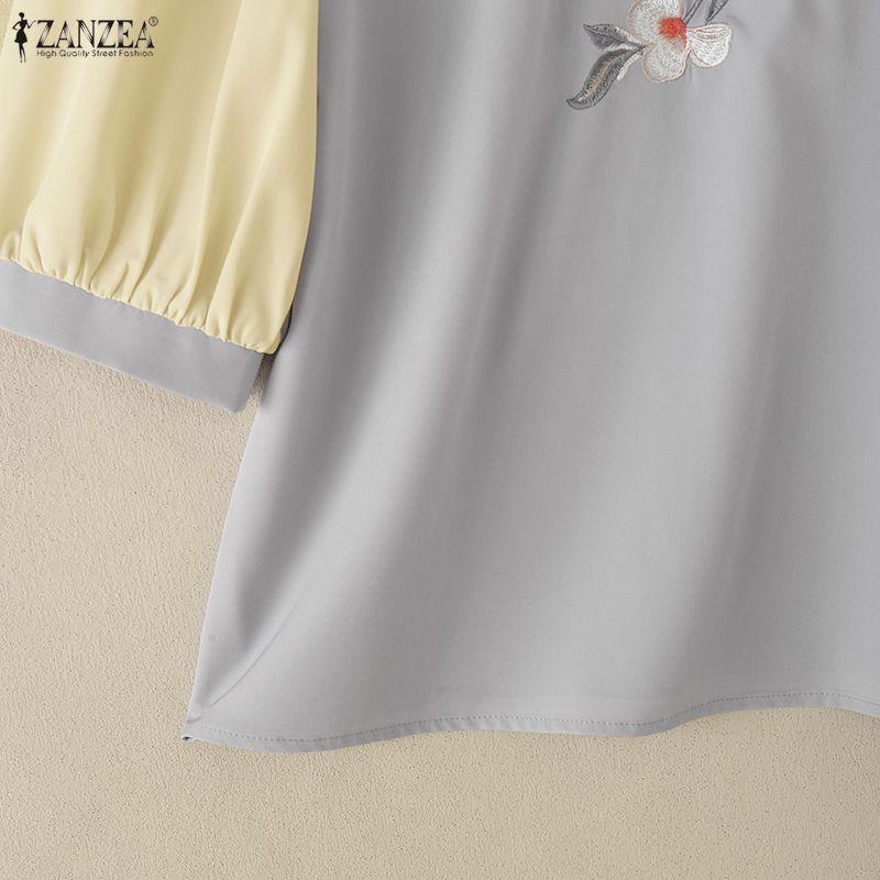 ZANZEA Women Casual Stand Collar Splice Half Sleeve Blouse