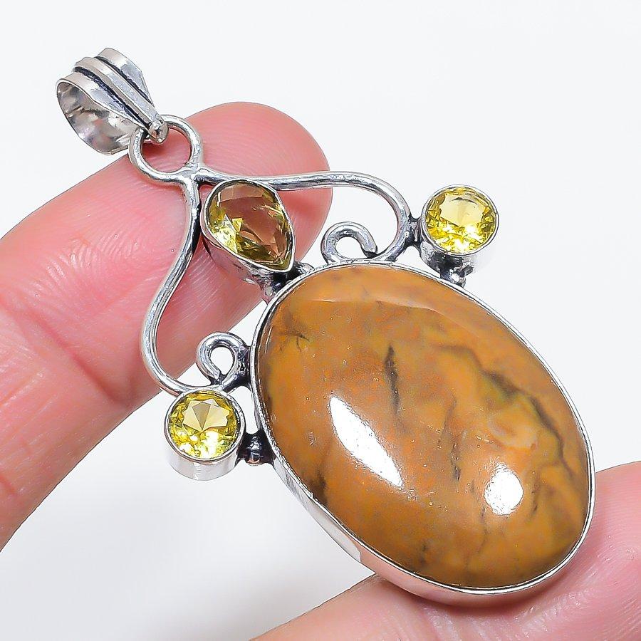 Ocean Jasper, Citrine Gemstone 925 Sterling Silver Jewelry Pendant 2.48"