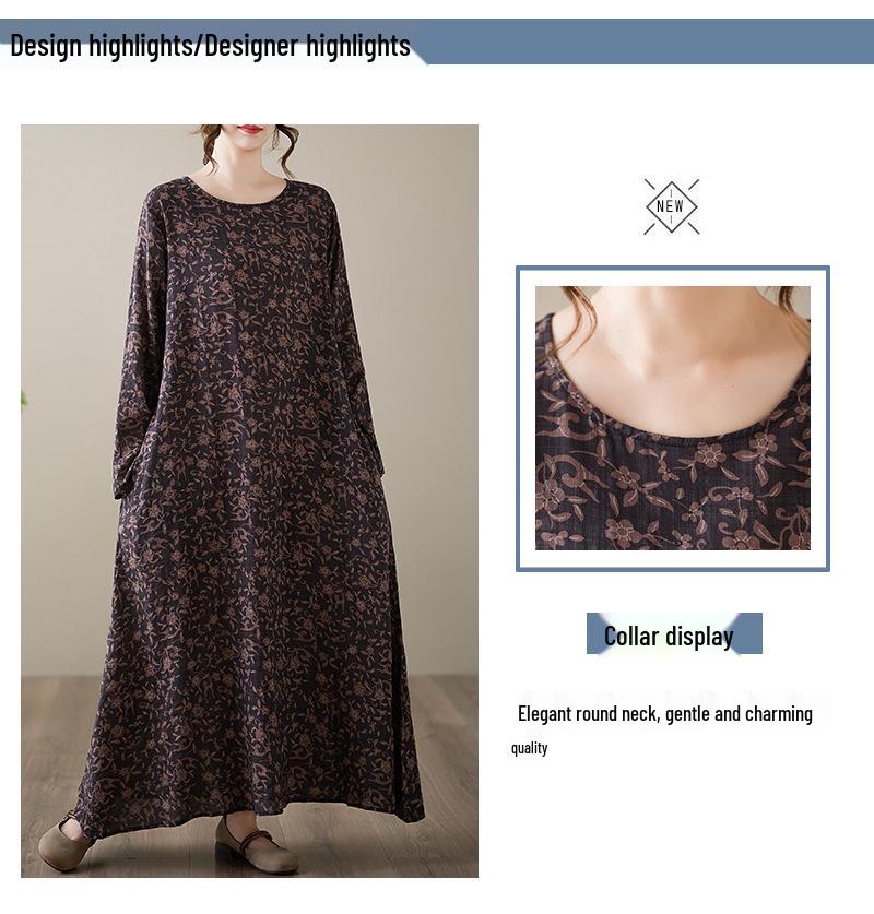 Plus Size Holiday Dress: Cotton & Linen Print, Round Neck, Loose Fit, Long Sleeve