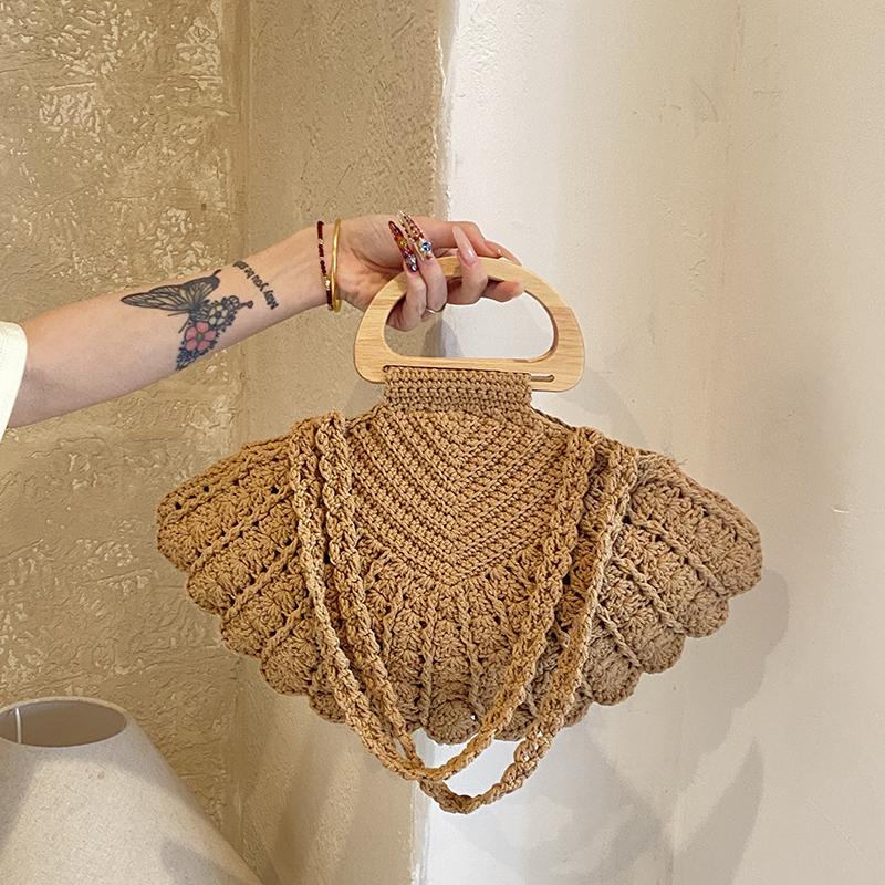 2026 Neue Retro Fächerförmige Häkel-Gewebte Achseltasche für Damen Ins-Stil Strandurlaub Vielseitig Holzgriff Umhängetasche