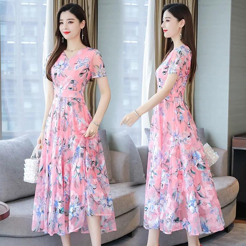 Summer Korean Version Dress New Printed Large Size Skirt Long Female Mother Floral Middle-aged and Elderly Beach Skirt