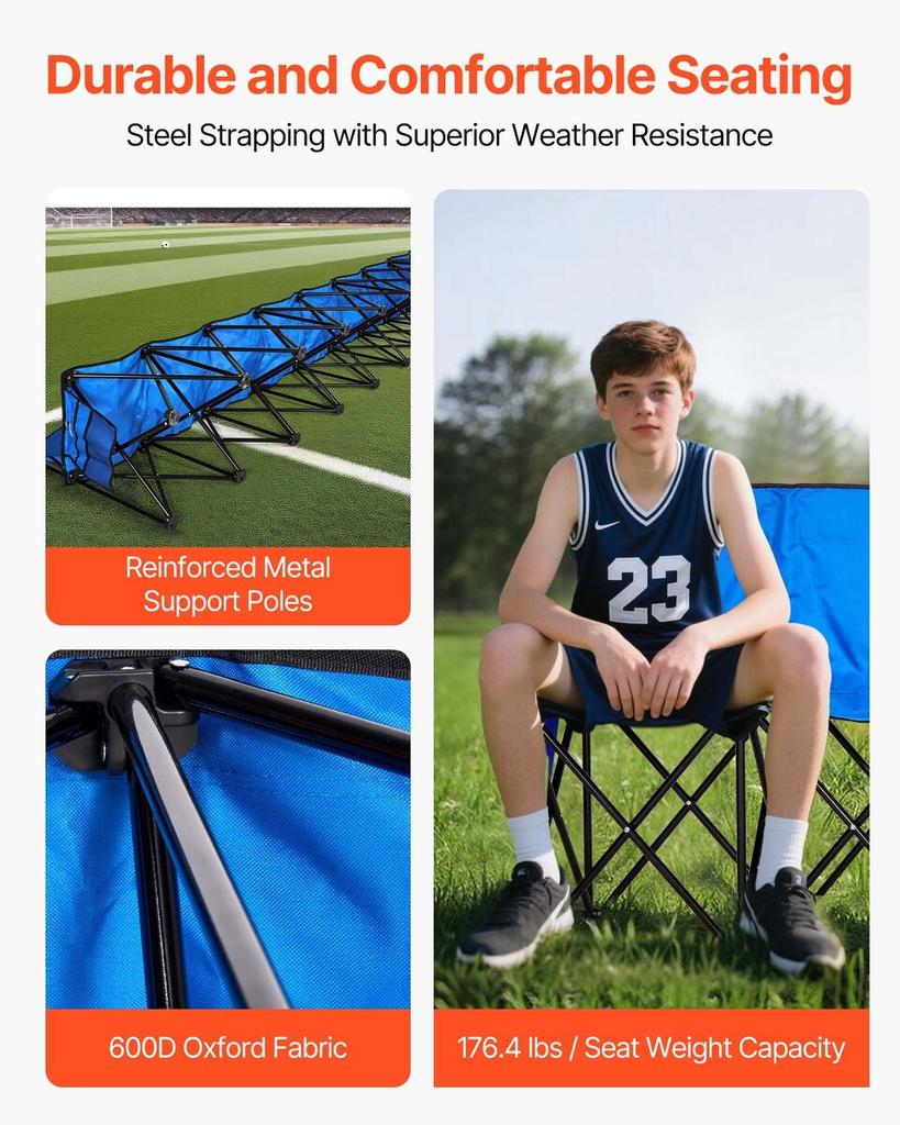 Portable Folding Bench, 8 Seat Foldable Soccer Bench with Side Pockets and Carrying Bag, Lightweight Sideline Seating with Back Rest for Football,