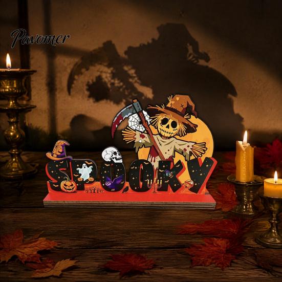 Halloween Room Tabletop Decor Pumpkin Haunted House Letter Ornament, Wooden Ornaments Spooky Festive Desk Decoration for Party Props Unique