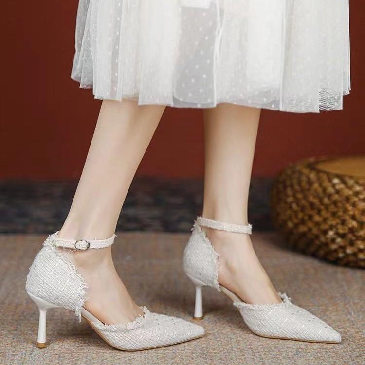 

French white high heels women s 2025 autumn new small fragrant style hollow thin heel one-word buckle temperament single shoes 35