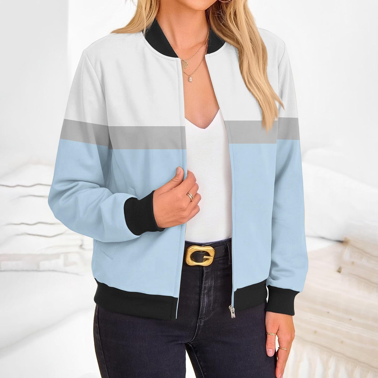 Women s Fashion Long Sleeve Striped Color Block Printed Round Neck Zip Up Jacket L