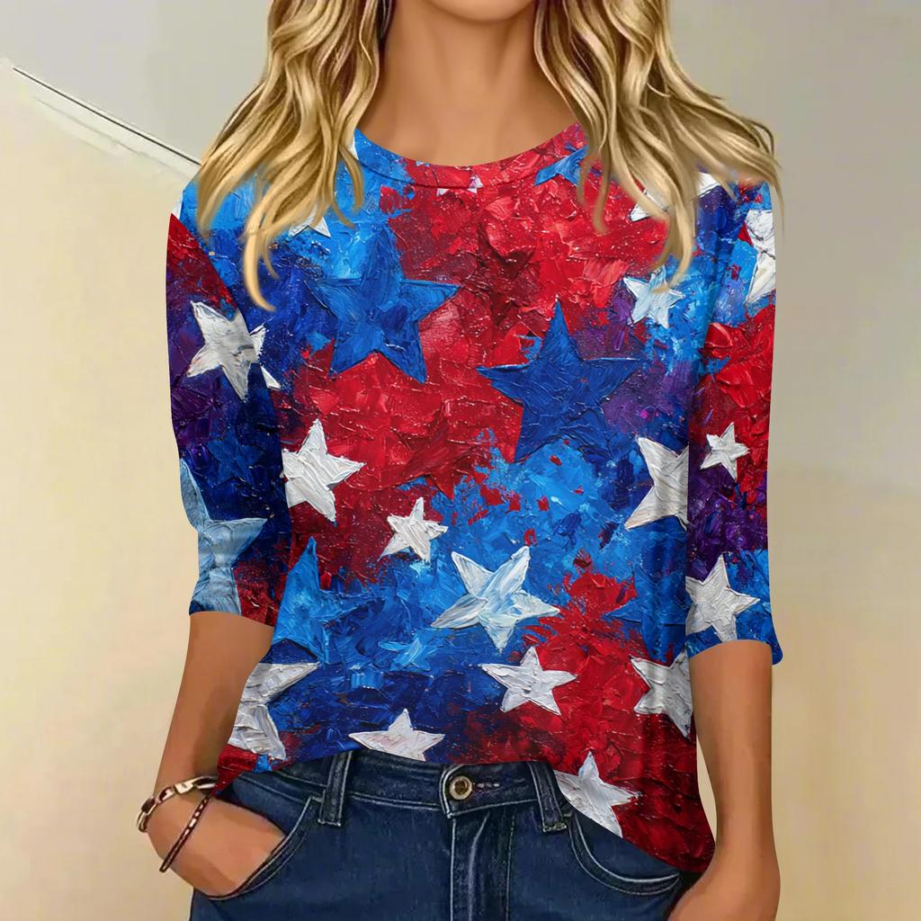 Haut t-shirt décontracté tendance pour femme, col rond, manches trois-quarts, imprimé Fête de l'Indépendance