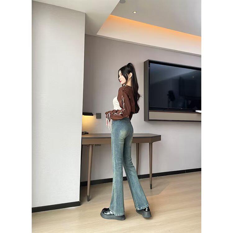 Washed Retro Micro-Flare High-Waisted Jeans for Women - 2024 Autumn Collection: Elastic, Distressed, Slimming, Tall-Looking Long Pants