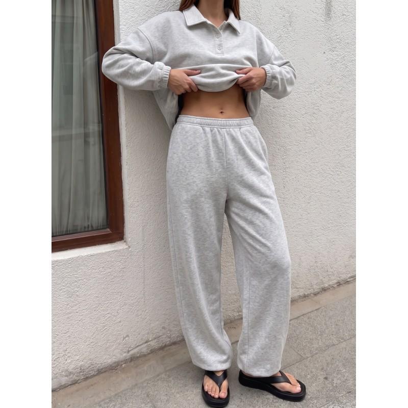 2026 Womens 2-Piece Casual Set Long Sleeve Polo Top Wide Leg Pants Sportswear
