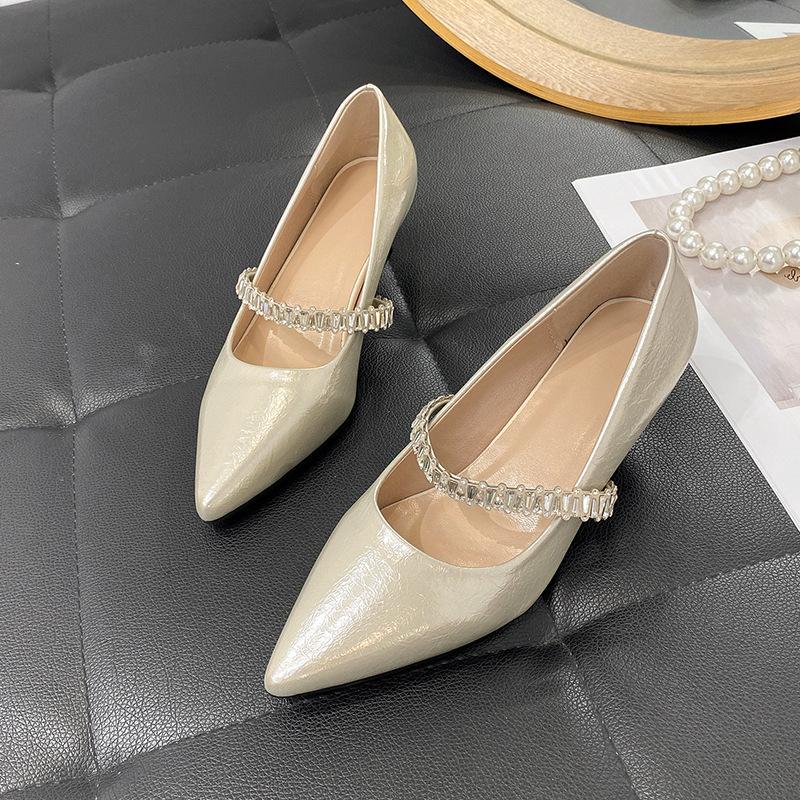 Beautiful temperament shallow single shoes women's rhinestone one with Mary Jane shoes with skirt high-end pointed middle heel shoes