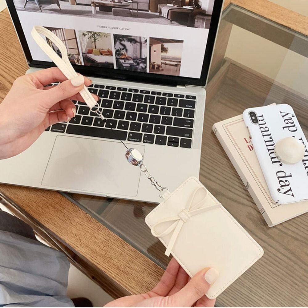 Bowknot Bow Leather Card Holder Retractable Bus ID Holders Work Card Cover  Men Women