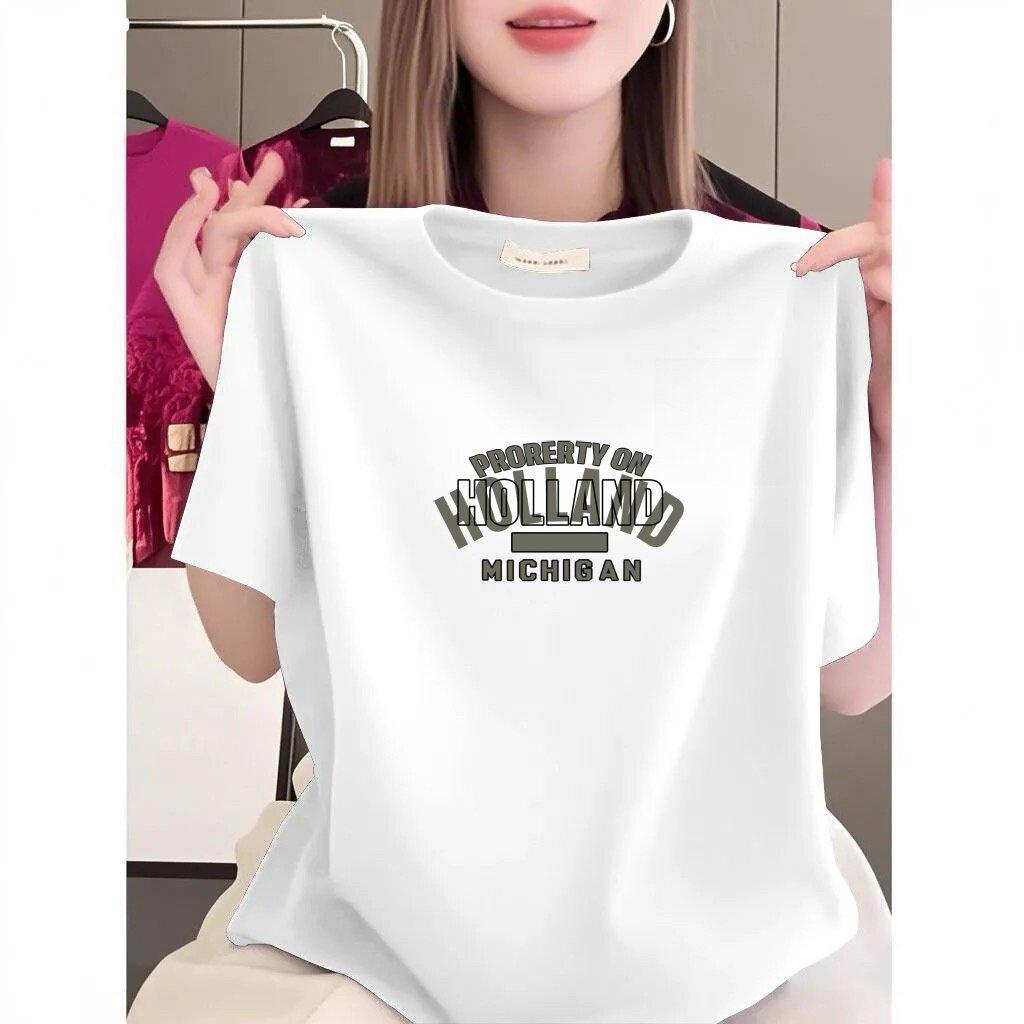 Damen Violettes Rundhals Kurzarm Übergröße Freizeit T-Shirt mit Buchstabenprint