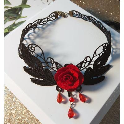 Dámský choker náhrdelník Růžový náhrdelník Řetízek na klíční kost Vintage Dvorní Gotický Černý krajkový náhrdelník