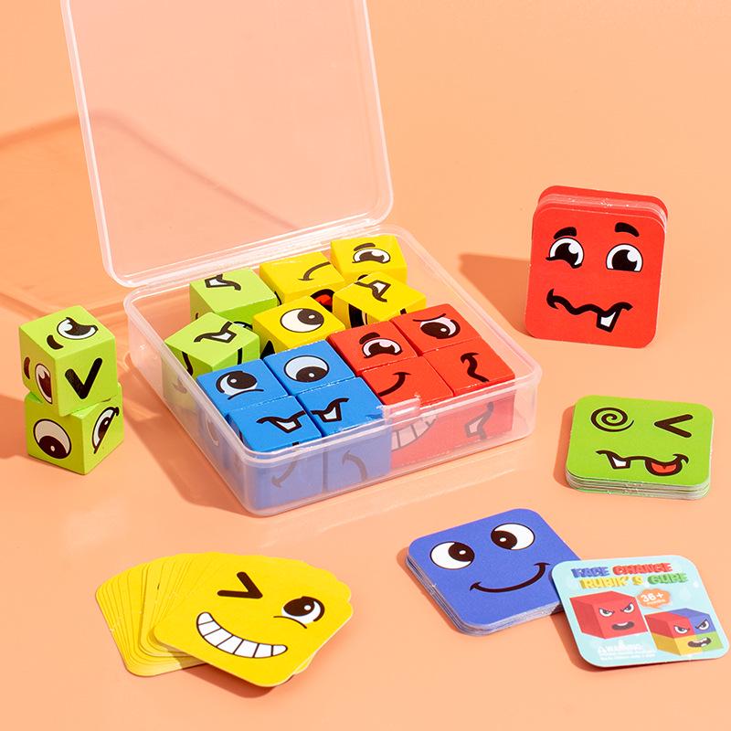 Kids' Expression-Changing Magic Cube Puzzle: Wooden Parent-Child Early Education Toy