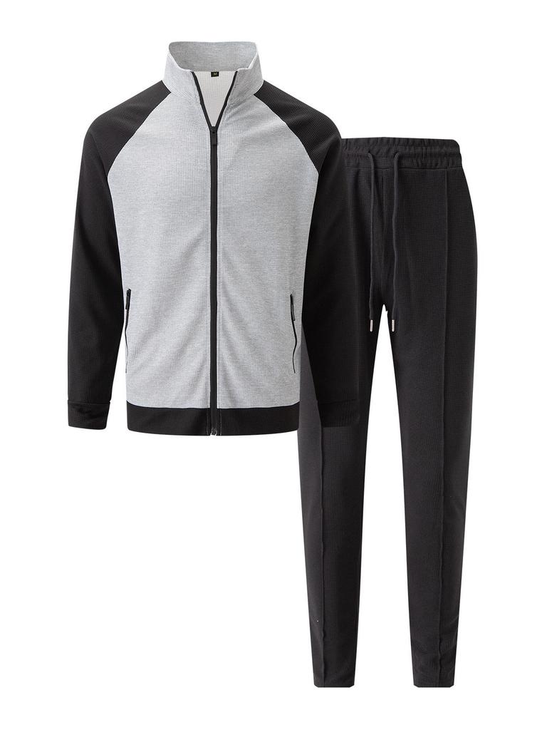 Men's Color Block Waffle Jacket and Sportswear Set - Autumn/Winter Collection