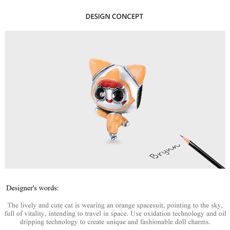 WOSTU Lively Cute Cat Orange Spacesuit 925 Sterling Silver Beads Fit Bracelet Bangle Fine Jewelry