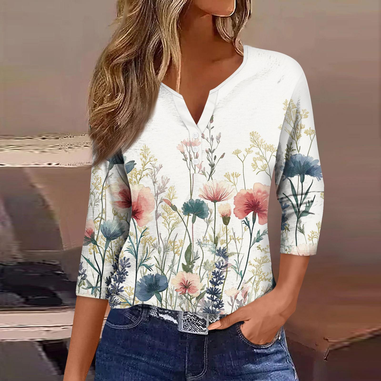 

Women s Loose Casual Flower Print Seven Quarter Sleeved V-Neck Top Seven Quarter Sleeved V-Neck Top L рожевий