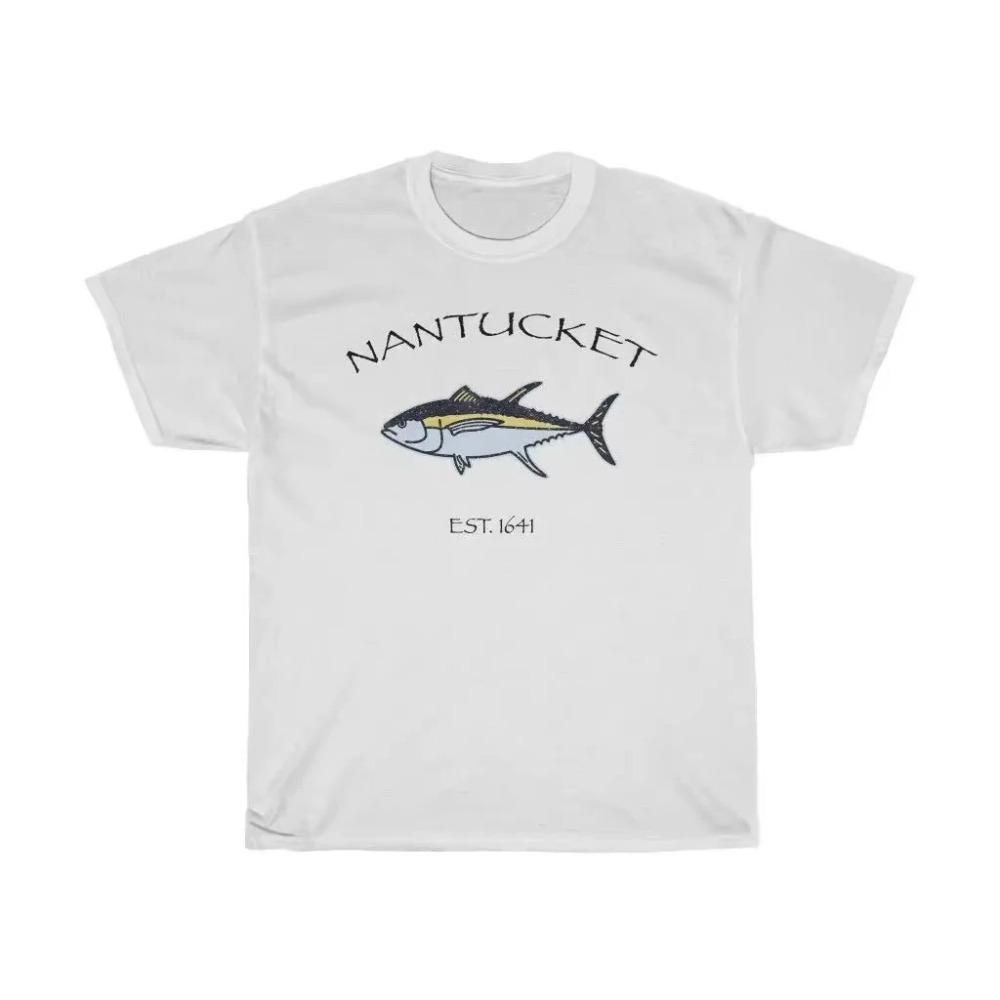 

Футболка с изображением тунца на курорте острова Нантакет в Массачусетсе. Новая футболка с коротким рукавом и круглым вырезом из 100% хлопка, повседневный мужской топ XXXXXL