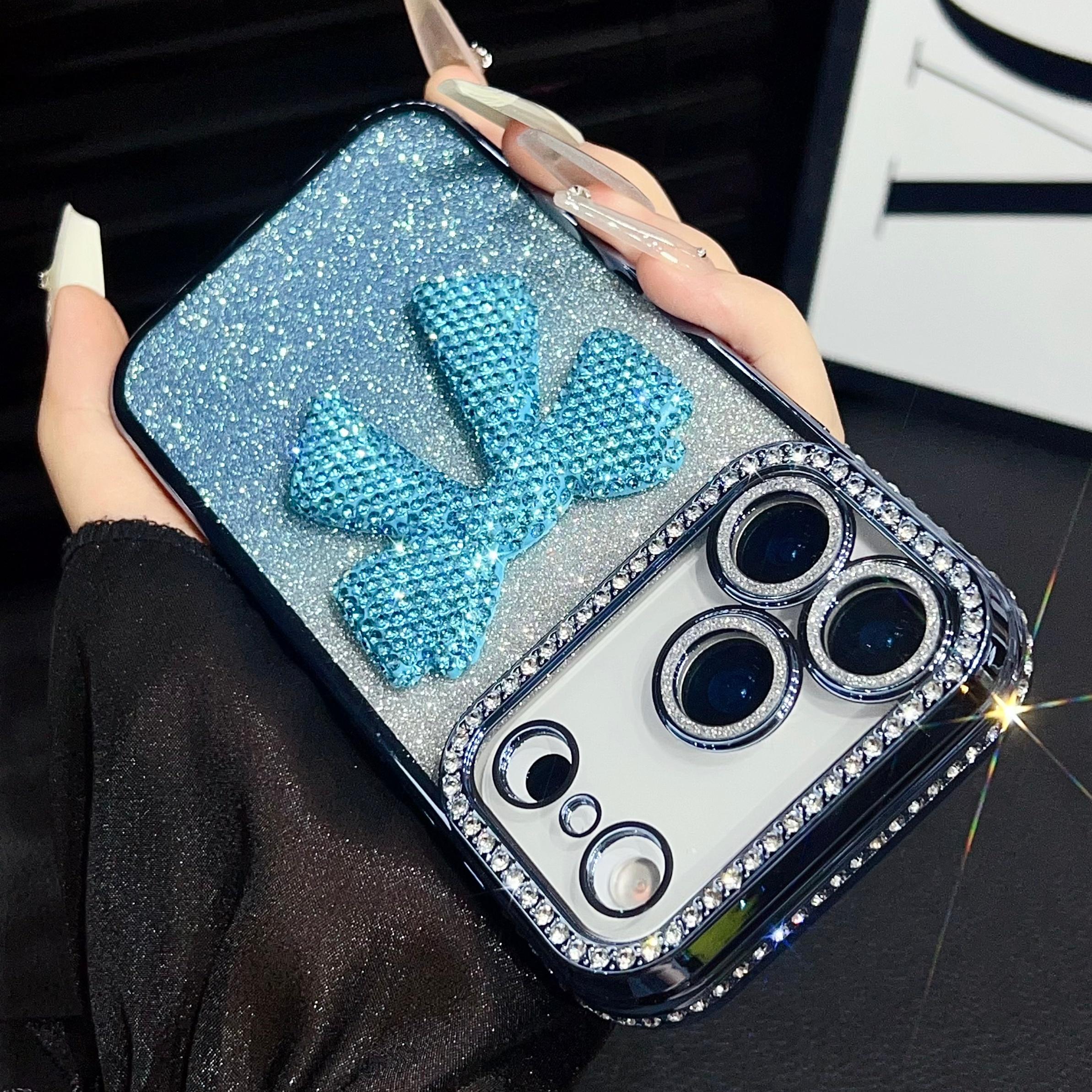 

Glitter Diamond Bowknot Cover For iPhone 17 Pro Max Camera Film Protector Cases For iPhone 16 Pro 15 Plus 14 Pro 13 Luxury Case For iPhone 17 Pro синий
