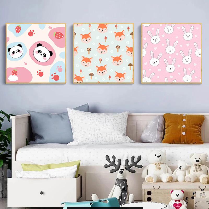 

Квадратный настенный постер с мультяшными животными и принтом, розовый настенный художественный кролик, лиса, кошка, сова, холст, картина для маленьких девочек, фотографии для комнаты, декор