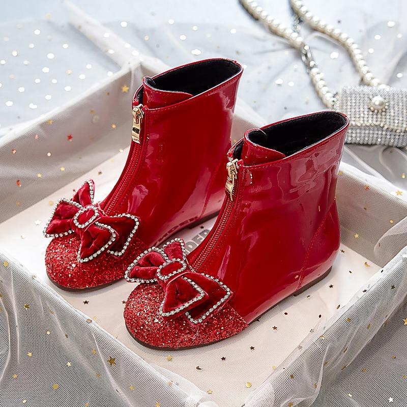 Girls Boots Children's Spring and Autumn Single Boots Baby Boots Winter Plus Velvet Leather Boots Princess Crystal Short Boots