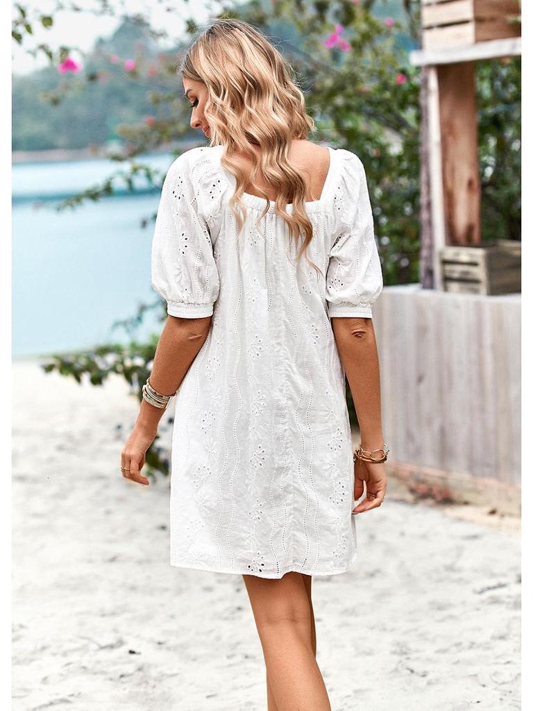 Diyun 2023 Summer European & American Solid Color Square Neck Jacquard Short Dress for Women - Elegant & Hollow Design